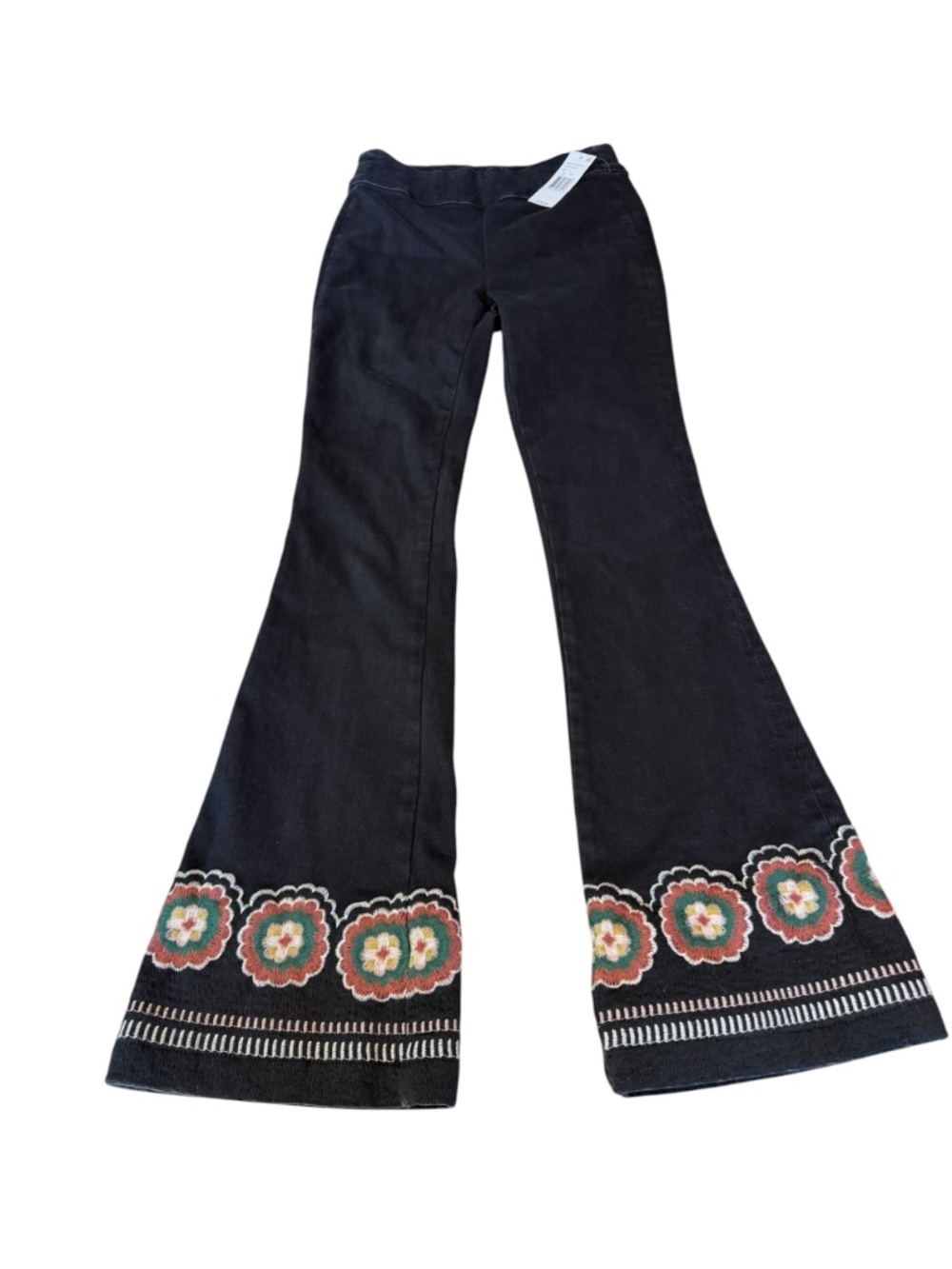Boho Driftwood Embroidered Floral Flare Jeans Black indie sleaze